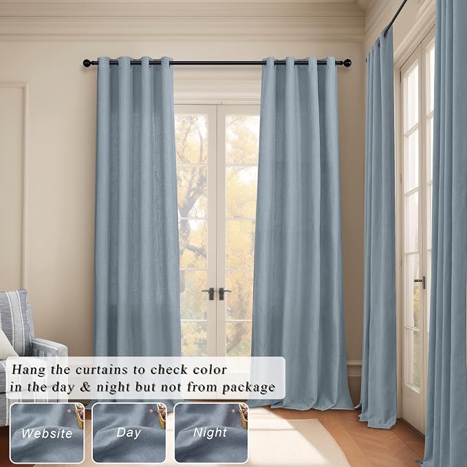 Pitalk Blue Curtains 108 Inches Long for Sliding Glass Door 2 Panels Set Grommet Linen Light Fitering Semi Sheer Curtains for Living Room Back Door Backyard 52x108 Inch Length Grey Dusty Blue
