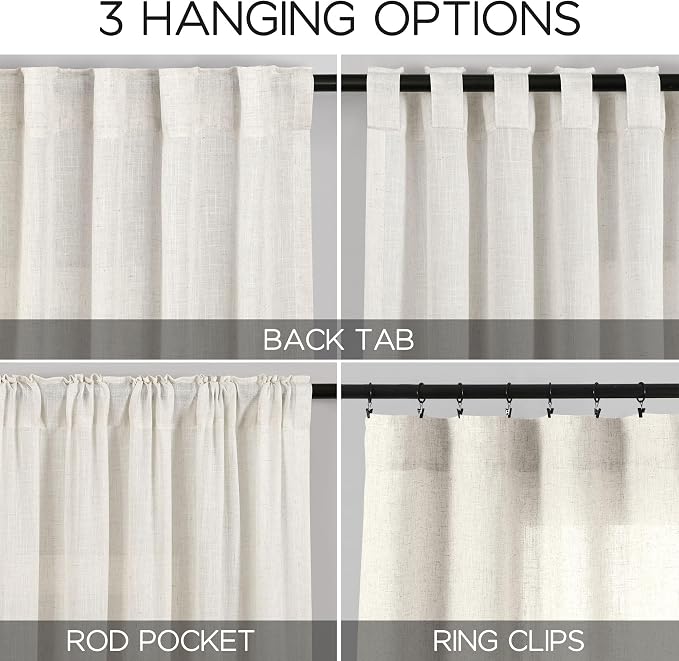 Cream Semi Sheer Linen Curtains 102 Inch Long Curtains Back Tab Rod Pocket 2 Panels Set Natural Elegant Living Room Decor Sunlight Filtering Solid Color Drapes for High Window 40x102