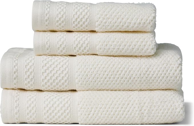 Texere 100% Organic Cotton Rice Weave Jacquard 700 GSM Luxury Bath Towel Sets - Ultra Soft and Absorbent Hotel and Spa Quality (Rice Weave, Cream, 2 Hand & 2 Face Towels)