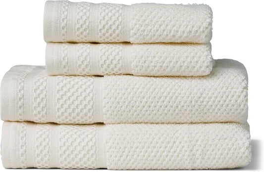 Texere 100% Organic Cotton Rice Weave Jacquard 700 GSM Luxury Bath Towel Sets - Ultra Soft and Absorbent Hotel and Spa Quality (Rice Weave, Cream, 2 Hand & 2 Face Towels)