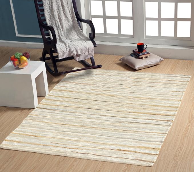 Handmade Cotton Chindi Rug Runner Area Rag Washable Recycled Rugs for Home Décor, Living Room and Bedroom (Beige, 4X6 Feet)