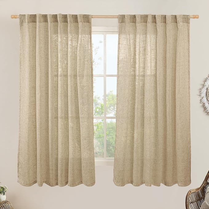 LAMIT Brown Semi Sheer Linen Curtains 60 Inch, Light Filtering Neutral Window Panels Farmhouse Boho Back Tab and Rod Pocket Drapes for Bedroom, 2 Panels, 52 x 60 Inch