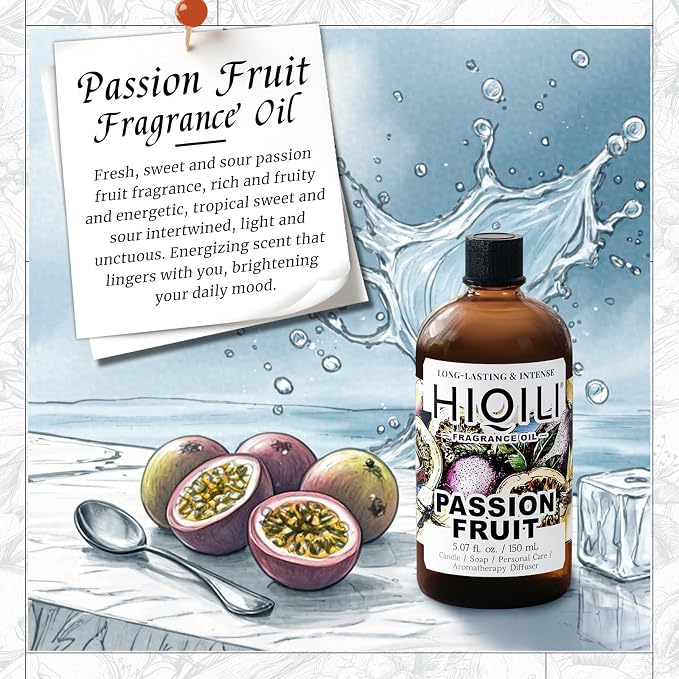 HIQILI Passion Fruit Fragrance Oil for Candle, Soap Making & Diffuser | for Home Aromatherapy, Oil Burner, Great for Body Scrubs Making, Add to Body Lotion - 5.07 FL Oz / 150ML