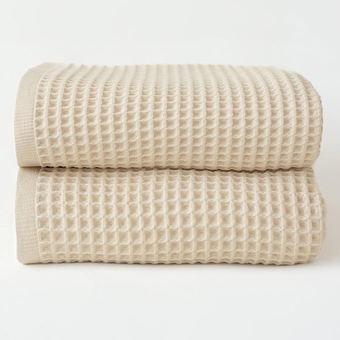 Premium Waffle Bath Towels Pack of 2 Extra Large 35x71 inch - 100% Turkish Cotton, Waffle Weave, Quick Dry, Lint Free, Oversized, Thin Bath Sheet Towel (Natural, Set of 2 Bath Towels)