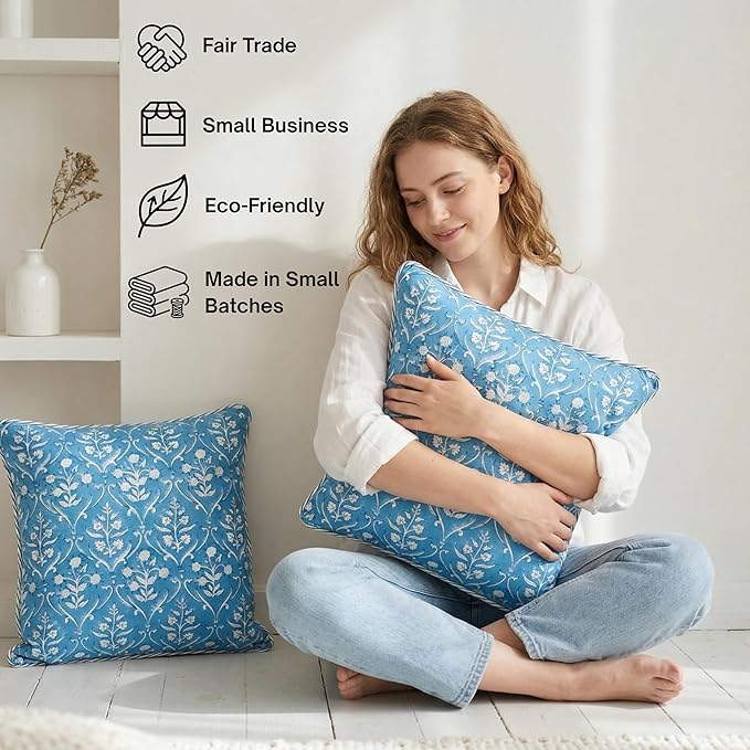 ATOSII Block Print Throw Pillow Covers, 20 X 20 - Set of 2, Decorative Couch Pillows for Living Room Bed Sofa, 100% Cotton Canvas Pillow Case for Home Decor & Outdoors, Preppy Throws - Maya Blue
