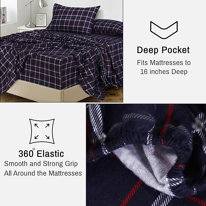 RUVANTI Flannel Sheets King Size - 100% Cotton Double Brushed King Size Sheets Set - Deep Pockets 16 Inches Bed Sheets - All Seasons Breathable & Extra Soft - Warm & Cozy, 4 Piece, Yankees Blue