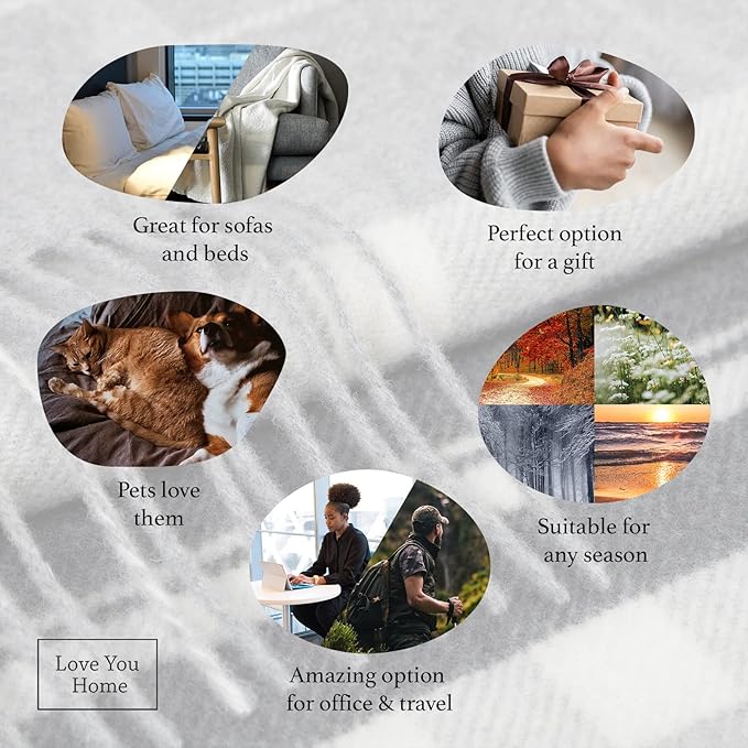 LYHome Cashmere Blanket with Merino - Luxury Wool Throw Soft Cozy and Warm, Decorative Throws Couch Bed Sofa, Warmest Blankets for Travel Camping & Cold Weather 55x79, Grey - Dark Grey - White Tartan
