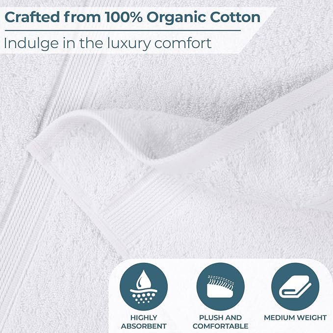 Superior Oregon Organic Cotton 12 Piece Towel Set, Heavyweight Towels for Bathroom Daily Use, Absorbent, Plush Eco-Friendly Bath Essentials, Includes 4 Bath, 4 Hand, 4 Face Towels, White