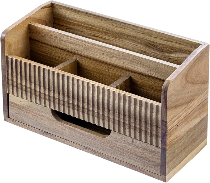 MyGift Premium Acacia Solid Wood Desk Organizer with Mail Sorter, 3 Pencil Cup Compartments & Bottom Storage Drawer, Office Supplies Organizer for Desk or Home Office