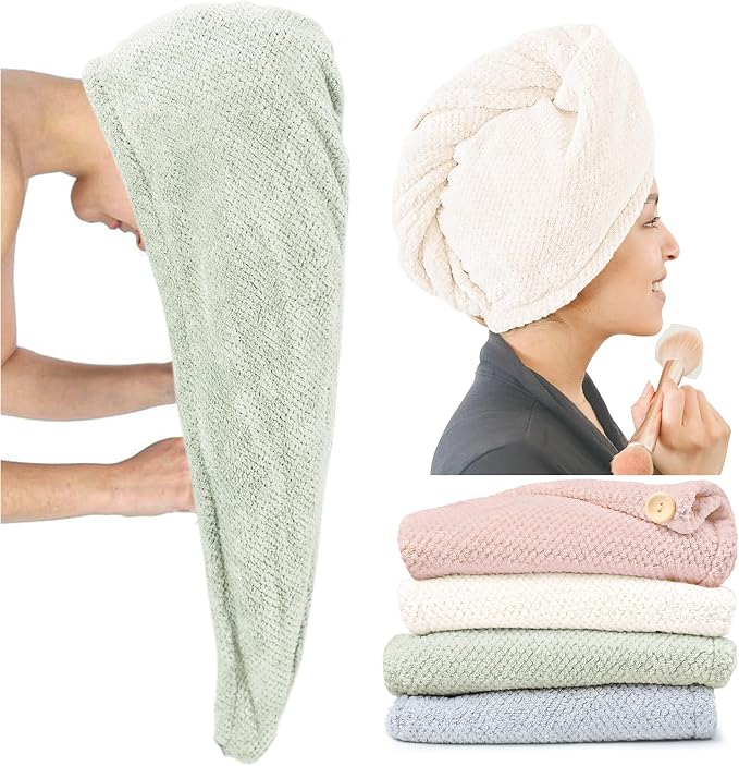 ROLSHOL Extra Large 4 Pack Microfiber Hair Towel Wrap for Women Super Absorbent & Quick Dry Hair Drying Towels with Button, Hair Turbans for Curly Hair Long & Short Hair - Anti-Frizz