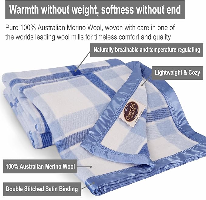 Creswick Woollen Mills 100% Australian Merino Wool Blanket – Soft Warm and Natural with Satin Binding, Breathable Luxury Bedding for All Seasons, (Blue Plaid, Throw)