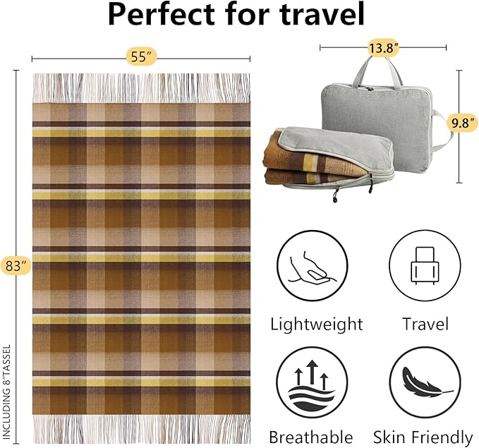 100% Wool Blanket Throw,Brown Plaid Wool Blanket with Compact Bag,Rustic Soft Lightweight Blanket for Couch,Sofa,Bed & Lounging Decoration, Warm Travel Blanket for Home, Airplane,Ideal Gifts 55"x83"