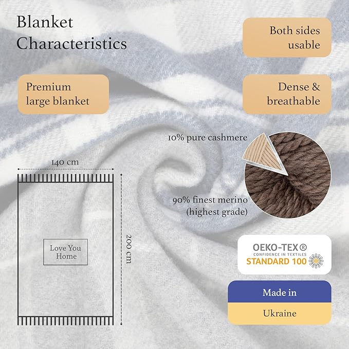 LYHome Cashmere Blanket with Merino - Luxury Wool Throw Soft Cozy and Warm, Decorative Throws Couch Bed Sofa, Warmest Blankets for Travel Camping & Cold Weather 55x79 | Grey - Dark Blue - White Tartan