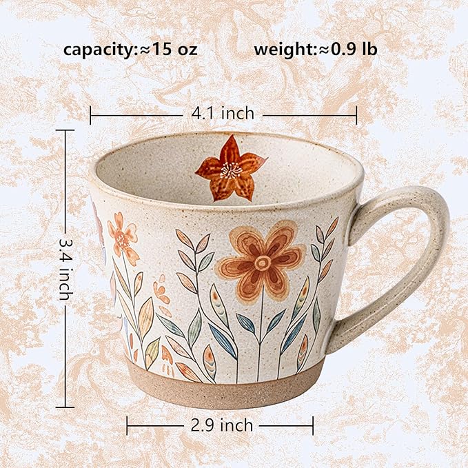15oz Vintage Floral Ceramic Coffee Mug, Hand-Painted Lead-Free Tea Cup with Comfort Handle, Microwave & Dishwasher Safe for Home Office & Gift for Women (Orange Floral, 15, ounces)