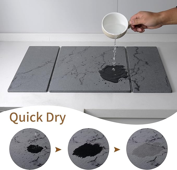 Large Quick-Dry Stone Drying Mat for Kitchen Counter, 24" × 16", Foldable Diatomaceous Earth Dish Drying Mat with PU Non-Slip Base,for Bottles Cups Dishes (Gray (3-fold), 24" × 16")