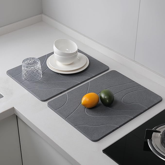 2 Pack Stone Drying Mat for Kitchen Counter,16''x12'' Quick Dish Drying Stone Mat Kitchen,Stone Dish Drying Mat,Quick-Dry Absorbent Bath & Countertop Stone Dishes Mats (Gray, 16''x12'')