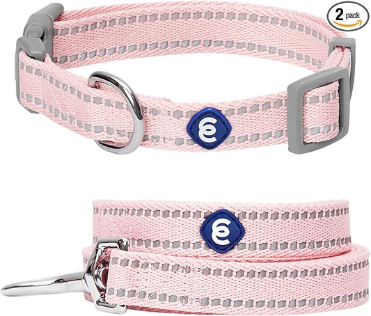 Blueberry Pet Essentials Matching Dog Collar & Leash Set | Pastel Reflective Adjustable Collar with 4 ft Lead for Large Dogs, Baby Pink