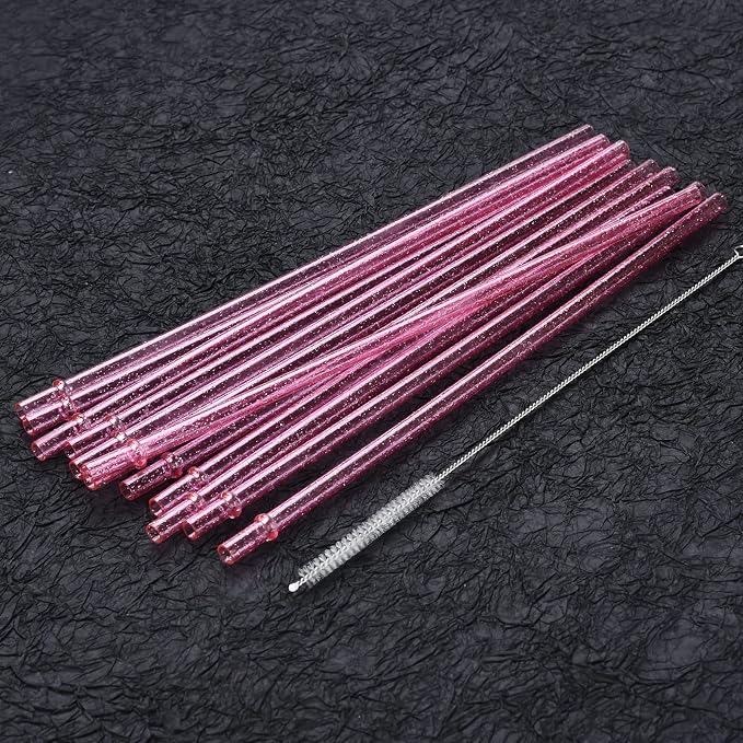 ALINK 12PCS Reusable Clear Pink Glitter Straws, 11" Long Hard Plastic Tumbler Drinking Straws with Cleaning Brush