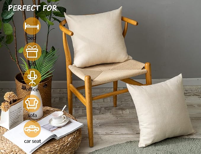 Stellhome Burlap Throw Pillow Covers Solid Farmhouse Linen Pillowcase for Bed Couch Sofa Bench, Set of 2, 24 x 24 inch (60 x 60 cm), Cream