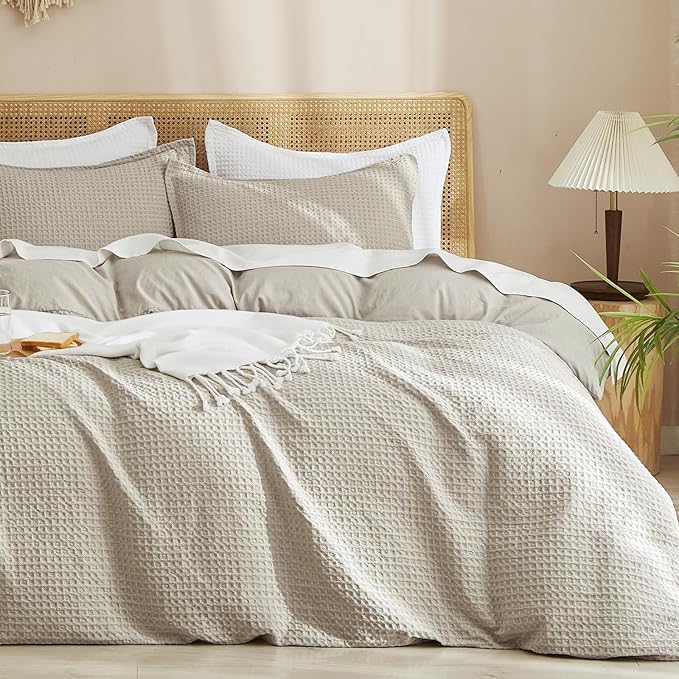 PHF Waffle Weave Duvet Cover Set Queen Size, No Snagging Ultra Soft Luxury Textured Breathable Comforter Cover for All Season 3pcs, Durable Bedding Duvet Set with 2 Pillow Shams, 90"x90", Linen