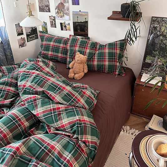 mixinni Vintage Green Buffalo Plaid Washed Cotton Duvet Cover Twin - Soft Breathable Textured Bedding Set with Zipper Closure for All Seasons-1 Duvet Cover + 2 Pillow Shams-Twin Size