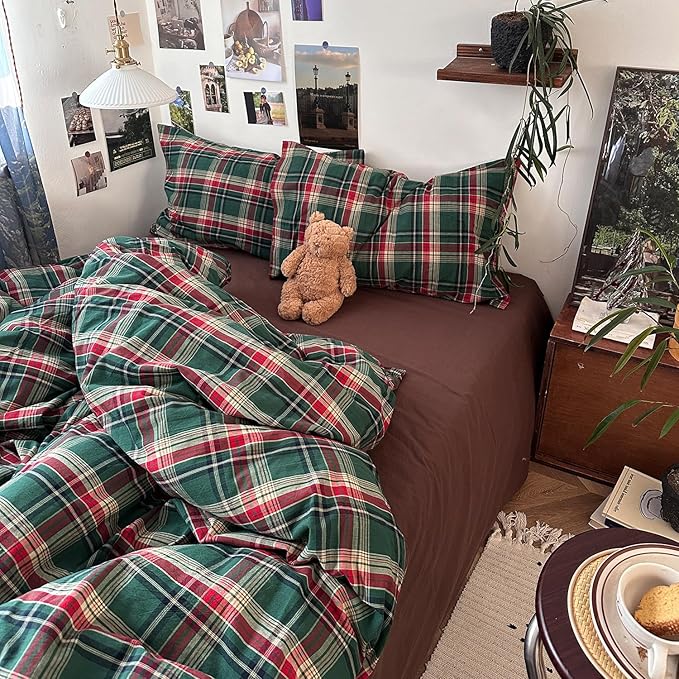 mixinni Vintage Green Buffalo Plaid Washed Cotton Duvet Cover King - Soft Breathable Textured Bedding Set with Zipper Closure for All Seasons-1 Duvet Cover + 2 Pillow Shams-King Size