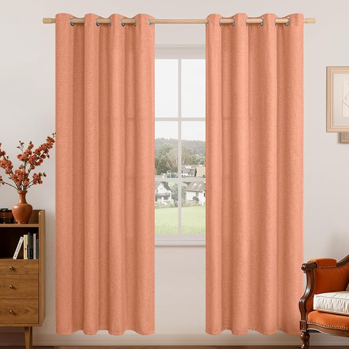 LAMIT Terracotta Linen Curtains 80 Inch Length for Living Room/Bedroom, Soft Thick Linen Textured Window Drapes Light Filtering Grommet Burlap Look Farmhouse Boho Decor, 2 Panels, 52 x 80 Inch