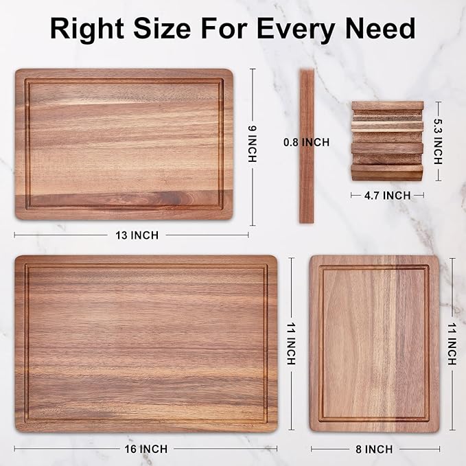 3 Pcs Acacia Wood Cutting Board Set with Holder Stand Meat Chopping Board Set Large Charcuterie Boards Solid Wooden Cutting Boards for Kitchen Decor Carving Butcher Block Bread Serving Cheese Board