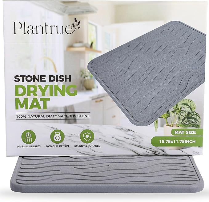 Stone Dish Drying Mat for Kitchen Counter - Super Absorbent, Fast Drying Diatomaceous Earth, Prevents Water Build-Up, Non-Slip & Heat Resistant, 15.75" X 11.75", Dark Gray