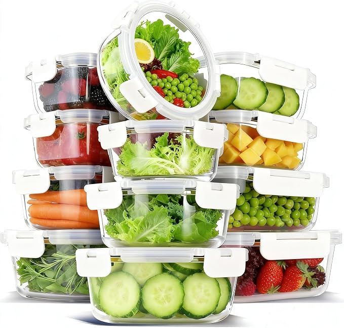 12 Pack Glass Food Storage Container Set with Lids Non Toxic, Stackable Borosilicate Glass Meal Prep Containers, Microwave, Oven, Freezer and Dishwasher Safe (White-12)