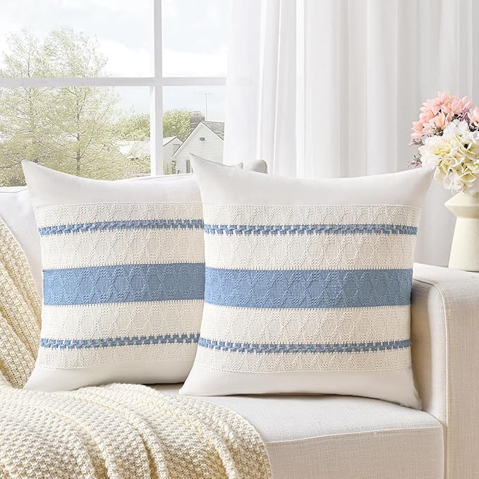 Fancy Homi Set of 2 Boho Light Blue Decorative Throw Pillow Cover 22x22 Inch for Couch Bed Sofa, Aesthetic Modern Organic Farmhouse Home Decor, Soft Cotton Cute Accent Macrame Woven Cushion Case