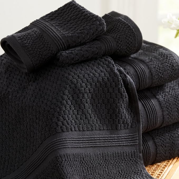Market & Place 100% Cotton Waffle Weave Bath Towels Set of 4 – Soft, Quick-Dry, Lightweight, Textured Bathroom Towels – Black | Zoey Collection