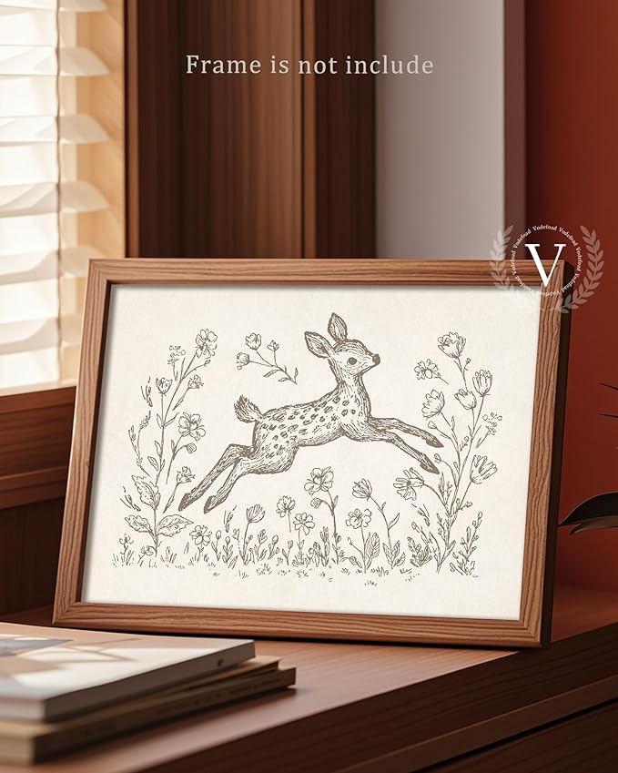 Vodefoad Fawn Sketch Vintage Wall Art Retro Nursery Jump Fawn Art Print Neutral Cottagecore Nursery Decor Farmhouse Rustic Deer Wall Decor for Gallery Nursery Bedroom Bathroom Office - 8x10Inch Unframe