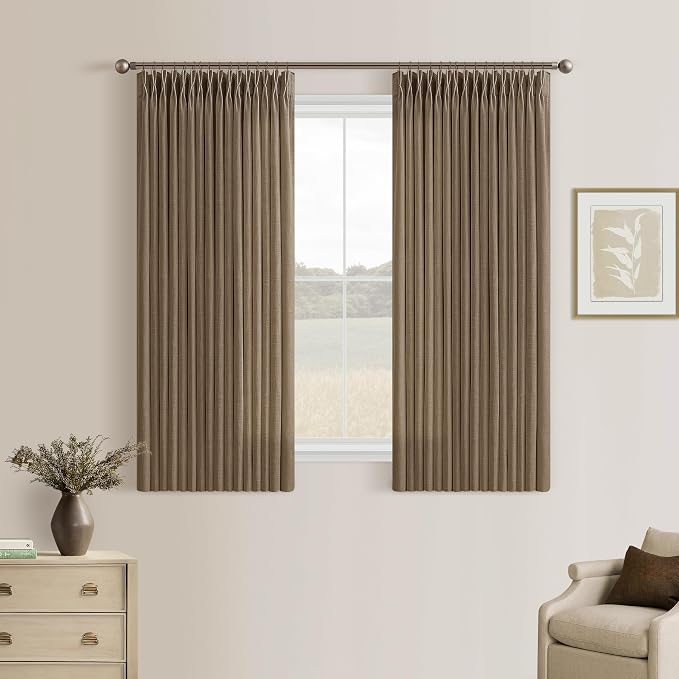 54 Inch Pinch Pleated Short Linen Curtains for Kitchen Bedroom Back Tab Light Filtering Farmhouse Curtain for Dining Room Small Window Dutch Cocoa Brown Semi Sheer Linen Blend Drapes 2 Panels 50x54