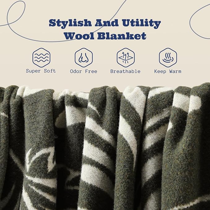 ACUSHLA Merino Wool Blanket - Soft Warm Thick Washable Large Throw Blanket for Camping Bed Couch Outdoor Travel All Weather, Rainforest Green 79X63