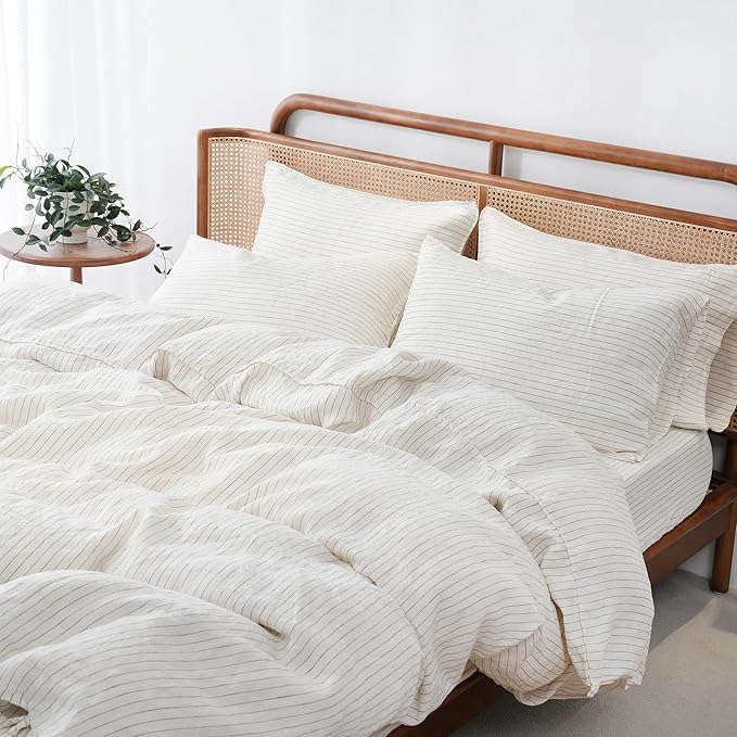 S VICTORY SYMBOL 100% Organic Linen Duvet Cover Set Grey Pinstripe King Size,Yarn Dyed French Natural Flax Bedding Set,3pcs Farmhouse Comforter Cover Set