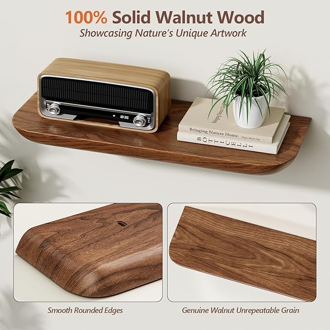 Solid Walnut Floating Shelves for Wall 16.5 Inch Set of 2, Round Edge Wall Mounted Shelf,Rustic Farmhouse Wooden Floating Shelf,Wood Wall Shelf for Bathroom Living Room,Bedroom,Kitchen
