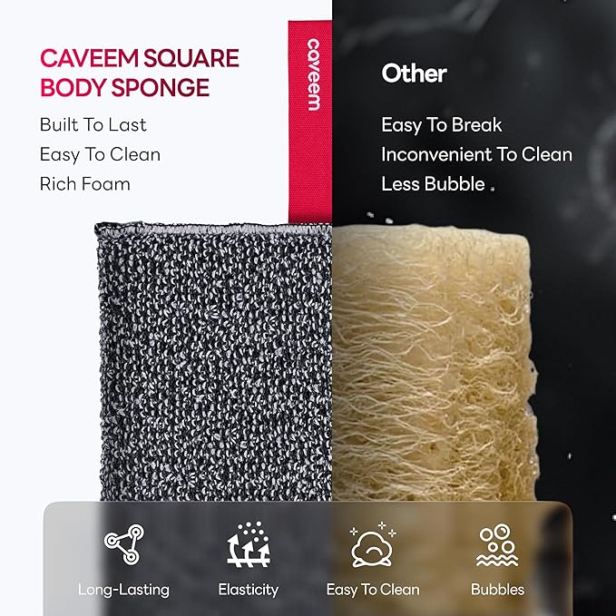 Caveem Exfoliating Body Scrubber, Large Bath and Body Scrub Buffer, Dual Texture Body Exfoliator for Remove Dead Skin, Soft and Rough Lightweight Square Sponge for Shower (2 Pack)