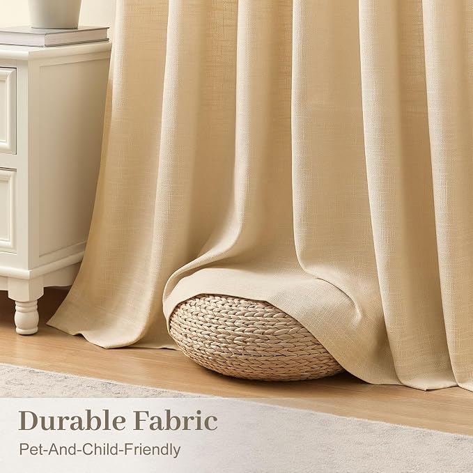 IVAPUPU 70 Inch Extra Width Pinch Pleated Curtains for Living Room, Pleated Linen Sheer Curtains Light Filtering Privacy Hooks Rings Back Tab Drapes for Sliding Door, 1 Panel, 70Wx84L, Sand Beige