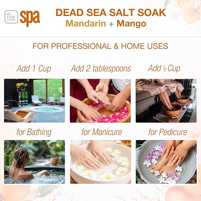 BCL Spa Mandarin Mango Dead Sea Salt Soak – Professional Age-Defying Soak for Pedicure, Manicure & Bath Salts, Softens Skin, Foot Soak Spa Self Care for Women, Made in USA, 16 oz
