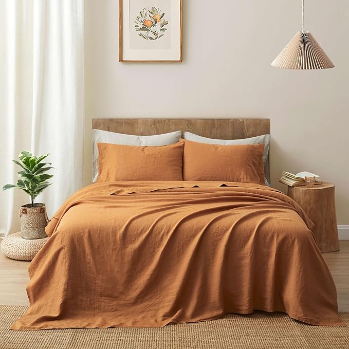 ATLINIA 100% Pure Flax Linen Bedding Set - Stone Washed French Linen Fabric Deep Pocket Fitted Sheet Farmhouse Flat Sheet 2 Pillowcases (Rust, King)
