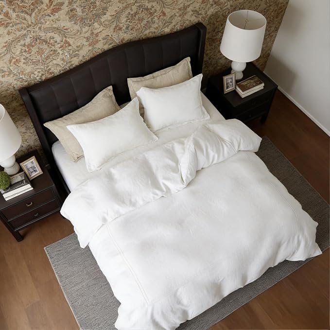 Simple&Opulence 100% Washed Linen Duvet Cover Set 78"x86" - 3 Pieces Soft Farmhouse Comforter Cover Set Double Embroidered with Button Closure - 1 Duvet Cover and 2 Pillowshams (White, Full)
