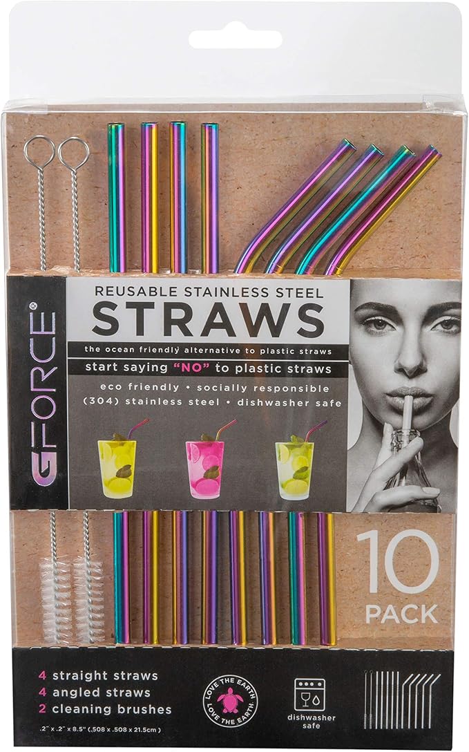 G FORCE Rainbow Eco-Friendly Reusable Stainless Steel 10 Pack Set, Including 4 Straight, 4 Angled Straws, 2 Cleaning Brushes, Standard (28550-RBW)