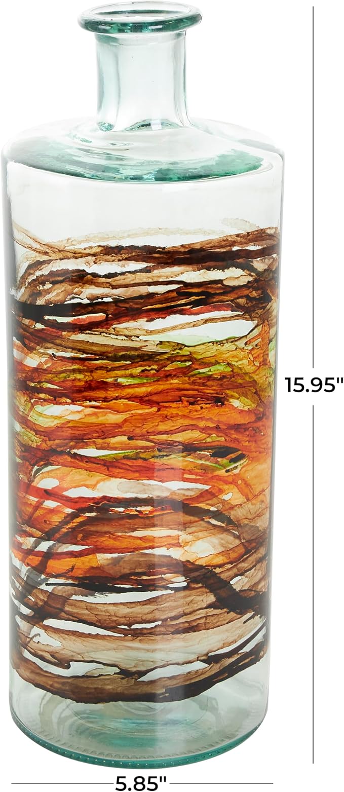 Deco 79 Recycled Glass Decorative Vase Abstract Spanish Bottle Centerpiece Vase with Swirled Colored Glass Bands, Flower Vase for Home Decoration 6" x 6" x 16", Clear