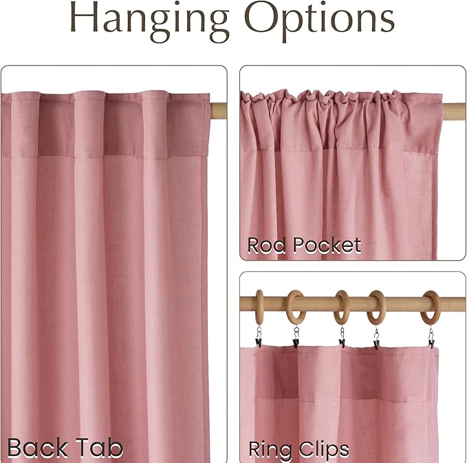 NICETOWN Thick Linen Pink Curtains for Girls Room, Rod Pocket & Back Tab Flax Linen Burlap Vertical Drapes Privacy Assured with Light Filtering Window Treatments for Bedroom, W55 x L84, 2 Panels