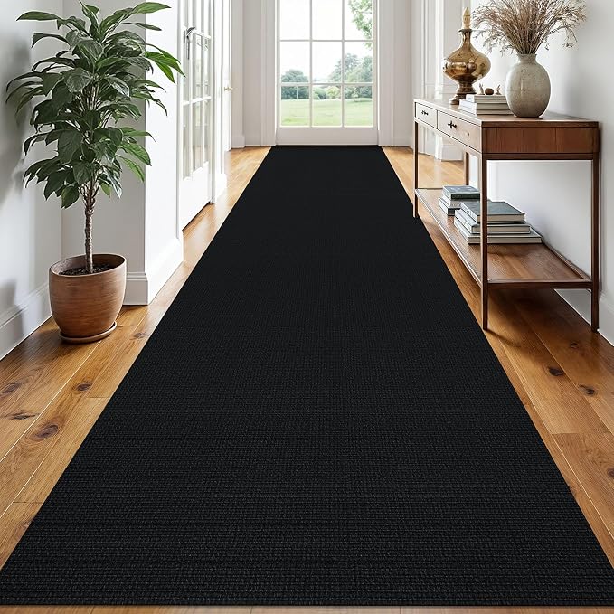 EARTHALL Extra Long Runner Rug 3x18 Ft Washable Runners for Hallways Cotton Non Slip Entryway Runner Braided Kitchen Runner Indoor Outdoor Carpet Runners for Hotels, Officel, Stair, Black/Grey