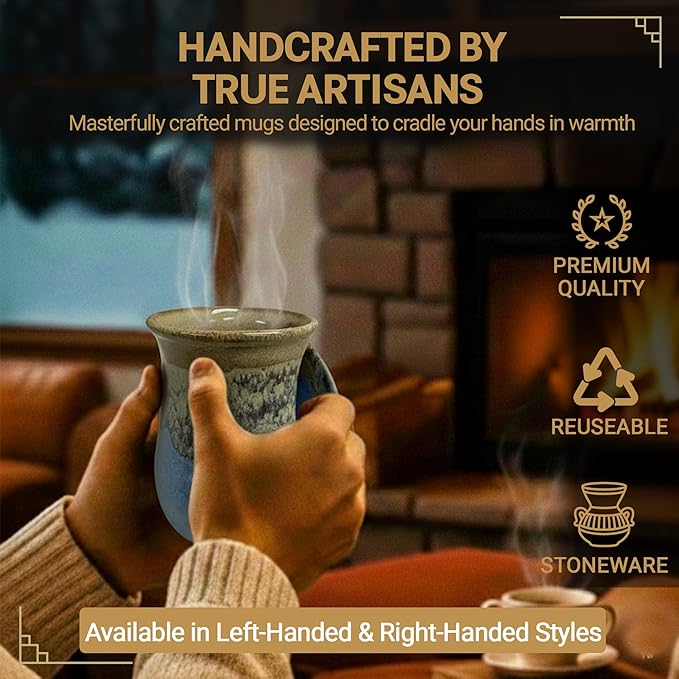 Clay in Motion Hand Warmer Coffee Mug – Handmade Coffee Mug With Comfortable Handle Contoured Pocket Hand Warming Ceramic Coffee Mug – Proudly Made in USA – Right Handed – 14 Oz - Sandy Beach