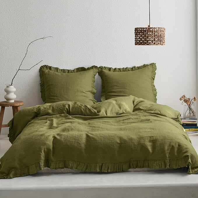 Simple&Opulence 100% Linen Duvet Cover Set, 3 PCS Natural French Flax Ruffle Duvet Cover King Size, Breathable Comfy Linen Bedding Comforter Cover with 2 Pillowcases (Olive Green, 104" X 92")