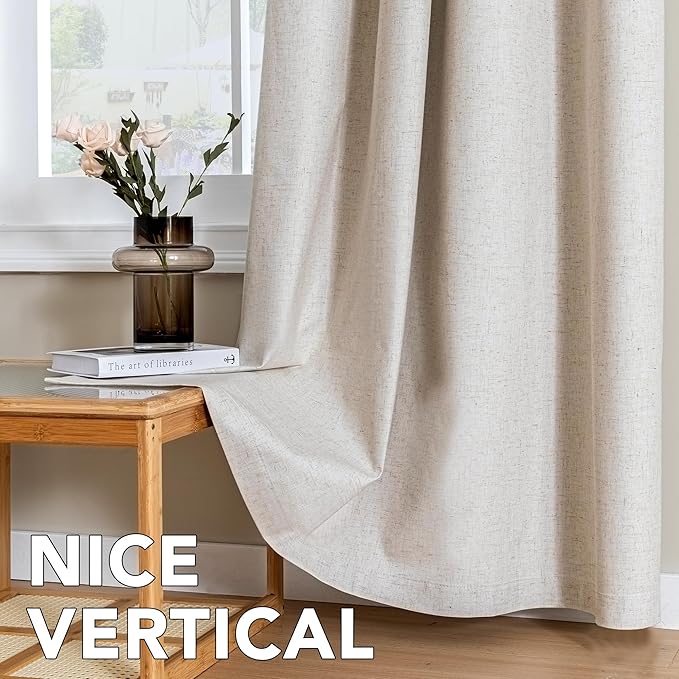 H.VERSAILTEX Linen Curtains 100% Blackout Curtains for Bedroom 90 inch Long Full Light Blocking Nature Linen Blended Window Curtains for Living Room Nickel Grommet (2 Panels, Heathered Natural)