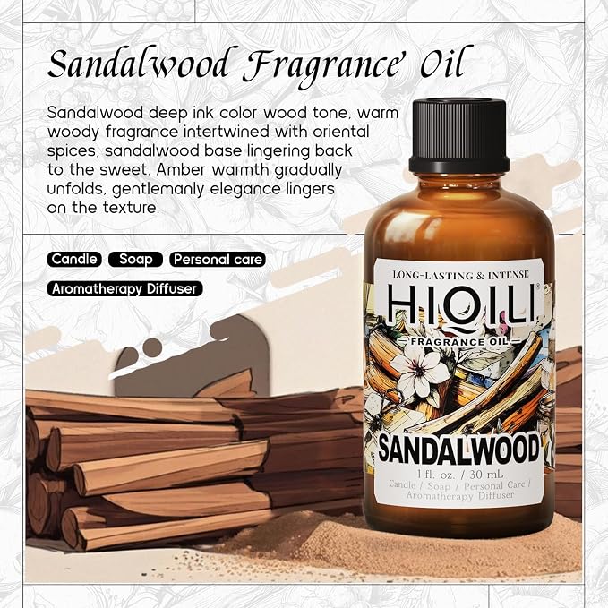 HIQILI Sandalwood Fragrance Oil for Skin Care, DIY Body Product - 1 Fl Oz | Long Lasting Luxury Hotel Scent for Home Diffuser, Perfect for Candle & Soap Making, Pet Safe, Graduated Dropper Included